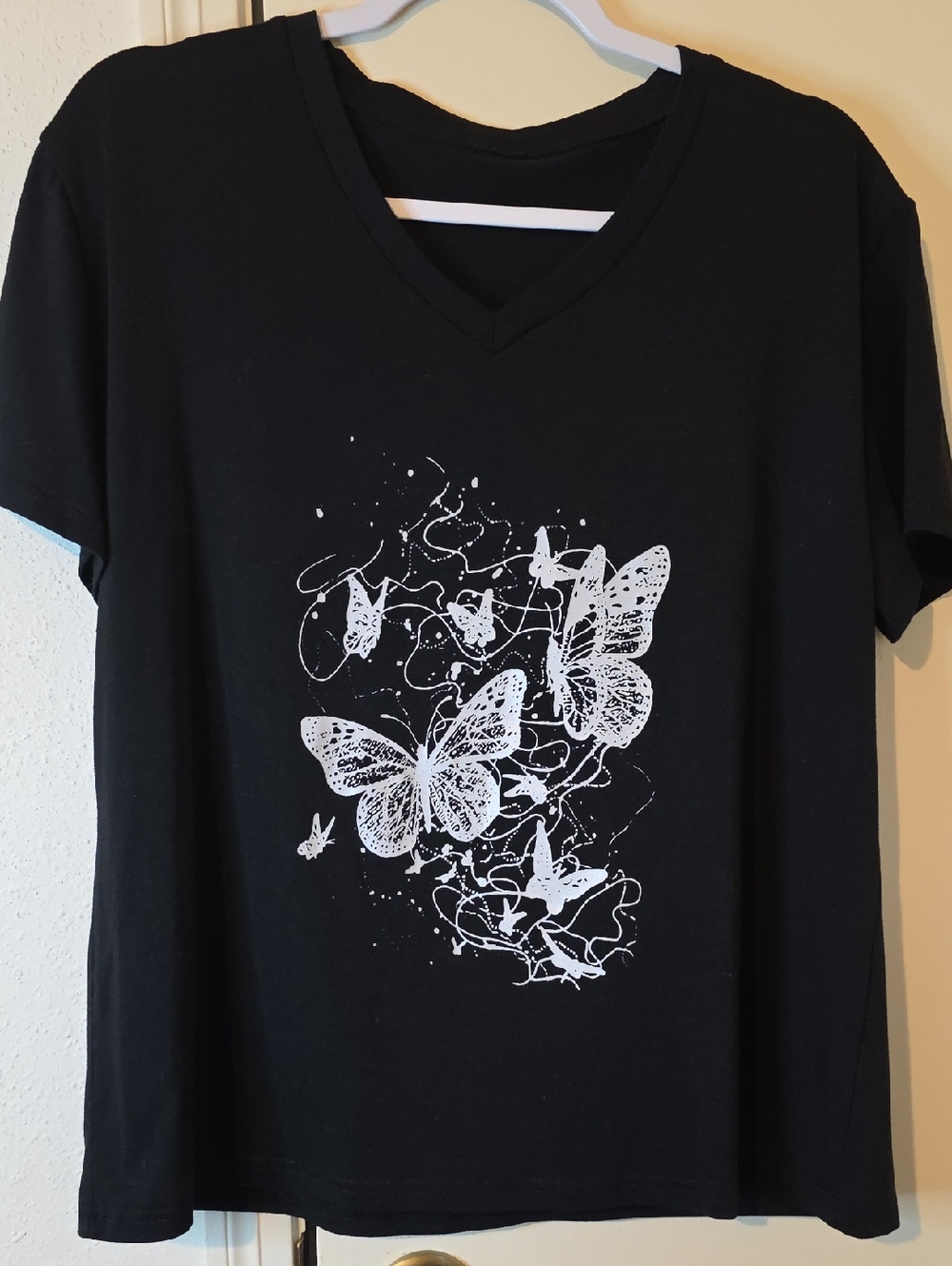 Women's Black V-Neck Butterfly Graphic Tee
